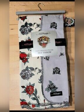 Ed Hardy Cozy Printed Plush Pet Throw - Floral & Tattoo Motifs, Lavender & Cream